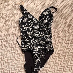 Elegant Black and White Floral One Piece Swimsuit